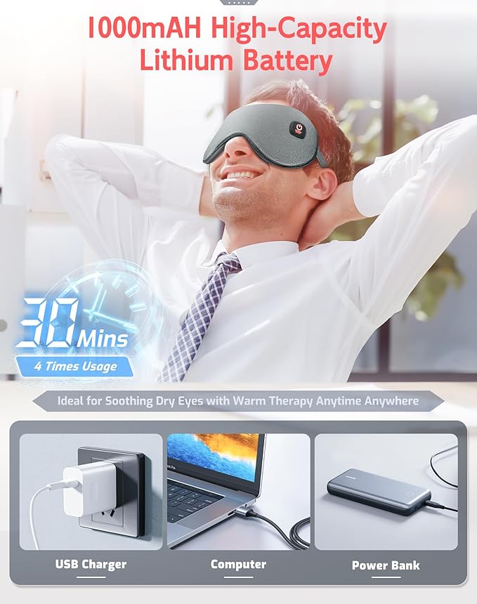 Heated Eye Mask-Cordless Warm Eye Compress Heated Eye Mask for Dry Eyes, Blepharitis,Light Blocking Heat Eye Mask for Men Women, Electric Warm Eye Mask for Airplane Sleeping for Travel (Gray)
