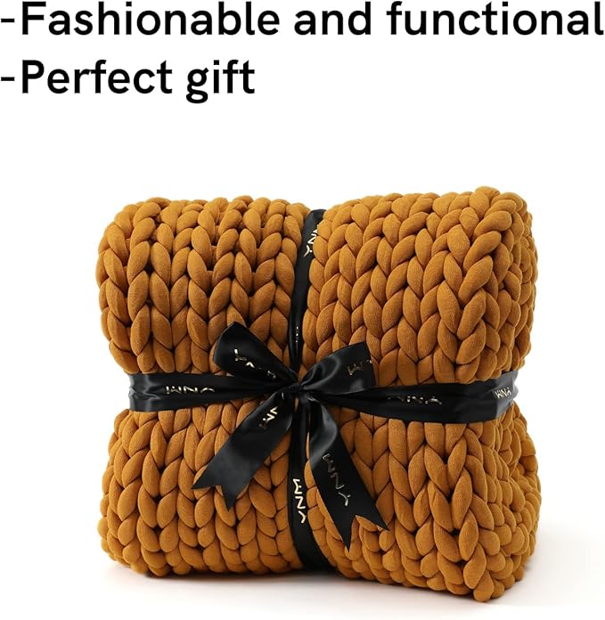 YnM Knitted Weighted Blanket, Handmade Chunky Knitted Design, Soft and Cozy, Temperature Regulating and Breathable, Machine Washable Throw for Sleep or Home Decor (Yellow Fusion, 60x80 Inch, 20lbs)