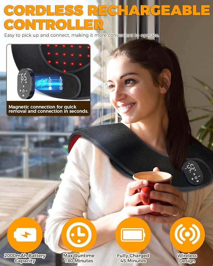 Red Light Therapy for Neck Shoulder with Vibration Massage, 660nm & 850nm Infrared Light Therapy Wrap, Cordless Portable Rechargeable Red Light Therapy for Shoulder (Black)