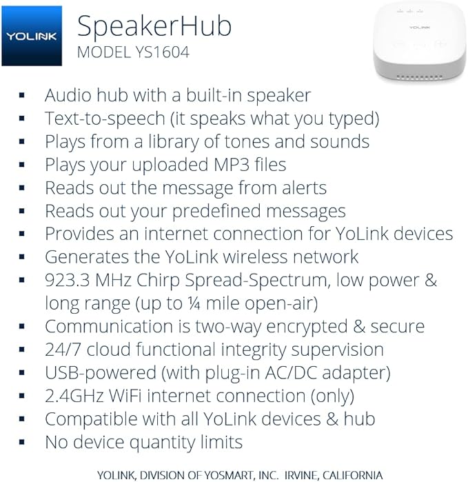 YoLink Water Leak Detection Starter Kit, w/SpeakerHub Audio/Talking Hub & Water Leak Sensor 1, LoRa Up to 1/4 Mile Open-Air Range, SMS/Text, Email & Push Notifications, w/Alexa, IFTTT, Home Assistant