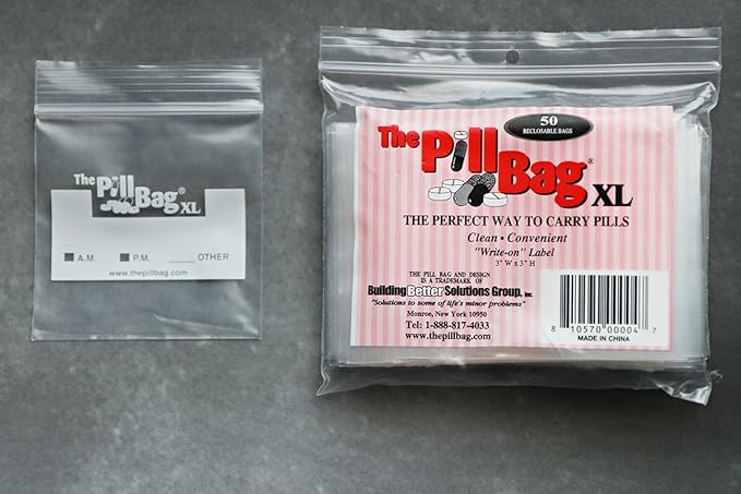 | Medicine Pill Organizer with Labels for AM/PM | Resealable Disposable Pill Pouches for Medicine, Vitamins, Gummies | Plastic Pill Bags for Travel | XL Size | 50 Count