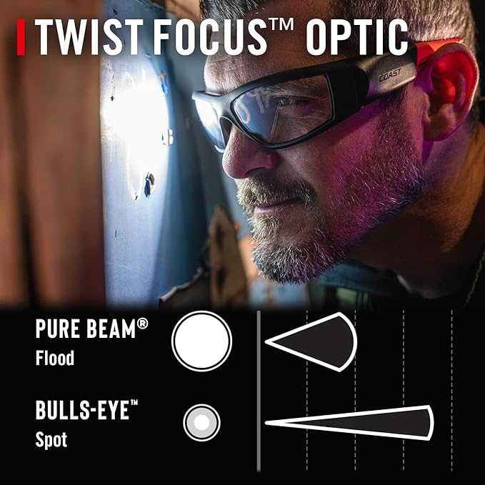 Coast SPG500 Rechargeable Lighted LED Safety Glasses, Tilt-and-Twist Optic, ANSI Z87 Standards, 2 Scratch Resistant Lenses (Clear, Yellow) Included, UV Protection, Protective Carrying Case Included