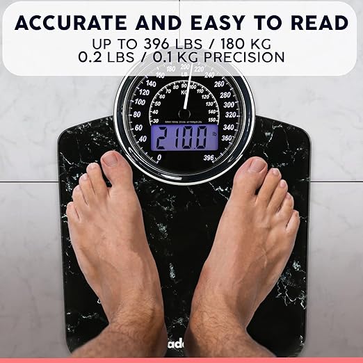 Adamson Hybrid 2-in-1 Analog & Digital Weighing Scale for Body Weight up to 400lbs + Thick Tempered Glass + Extra Large Display + Easy to Read Digital Bathroom Scale + New - Marble Black
