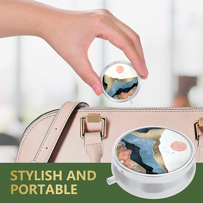 Nipichsha Pill Box, Small Pill Case for Purse & Pocket, Cute Travel Medicine Organizer, Portable Medicine Container Holder to Hold Vitamins, Medication, Fish Oil & Supplement, Watercolor Sunrise