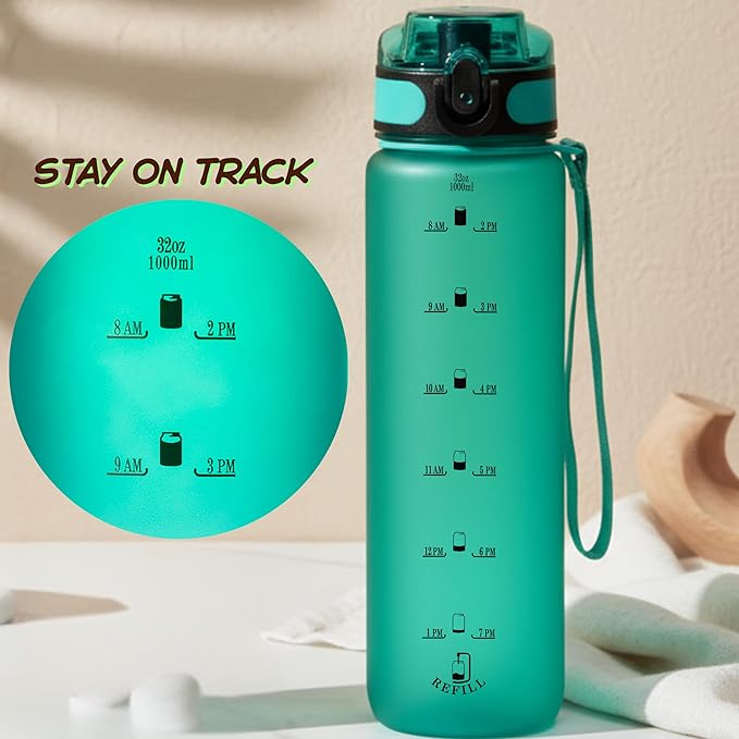 32oz Titan Water Bottle with Time-Marked, 2 Lids (Fast Flow & Straw) - BPA/BPS Free, Leak-Proof, Airtight, Reusable Water Bottle - Perfect for Sports, Hiking (Green)