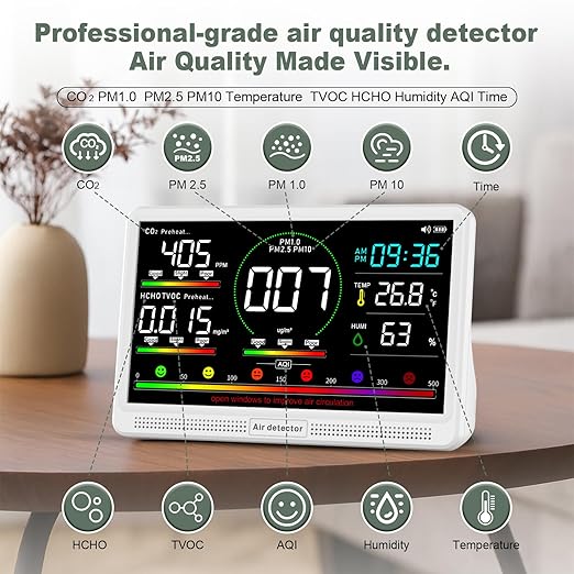 16-in-1 Air Quality Monitor Indoor, 7" Display with 9 AQI Metrics & 7 AQI Alarms, Monitors CO2, PM2.5, PM1.0, PM10, HCHO, TVOC, Temperature, Humidity & AQI, Time, for Home,Office, Car, Plants & Pets