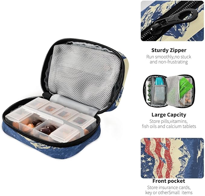 July 4th Flags Mountains Blue Travel Pill Organizer Case Box Container Weekly Portable Vitamin Medicine Holder Storage Bag with Zipper Removable