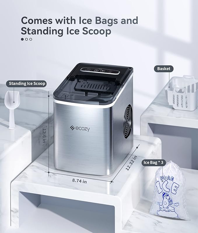 ecozy Portable Ice Maker Countertop, 9 Cubes Ready in 6 Mins, 26.5 lbs in 24 Hours, Self-Cleaning Ice Maker Machine with Ice Bags/Ice Scoop/Ice Basket for Home Kitchen Office Bar Party, Silver