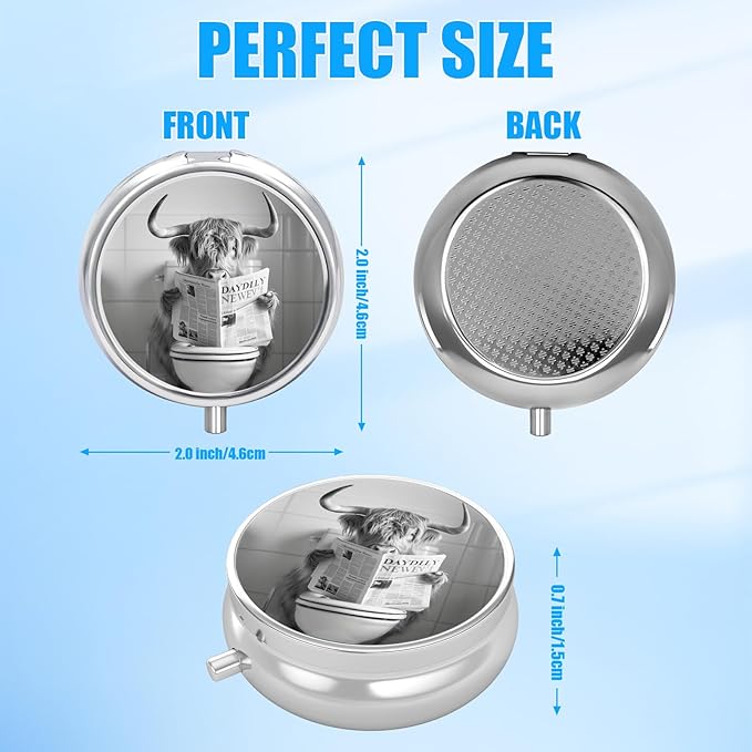Highland Cow Pill Case, Pill Box 3 Compartments Metal Small Pill Holder with Mirror Mini Travel Pill Container for Purse Pocket Women Men