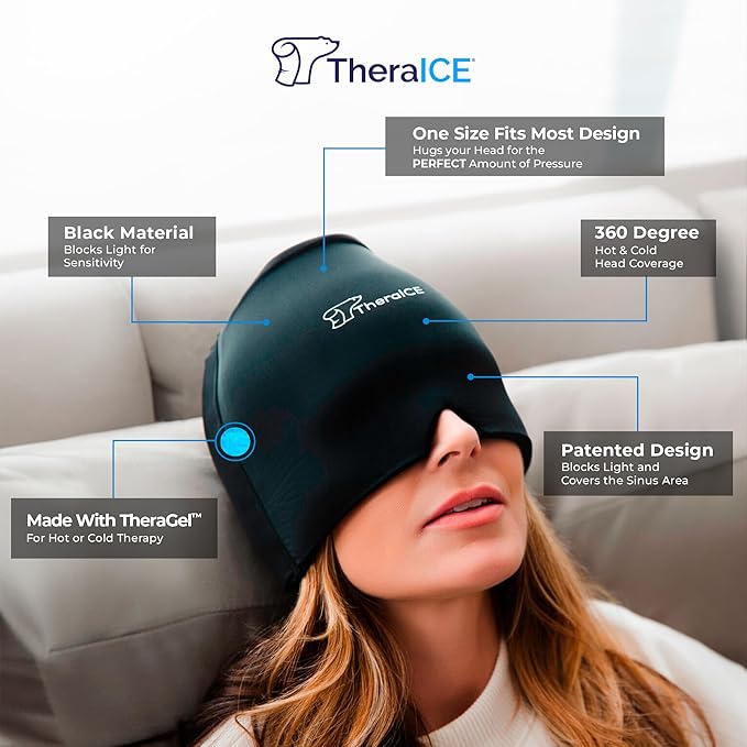TheraICE Migraine Relief Cap | Soothing Headache Hat Ice Pack Mask | Face Cold Compress Cooling Gel Head Wrap Products for her Sinus Tension Stress Hangover & Puffy Eyes | Great Birthday Gift for Mom