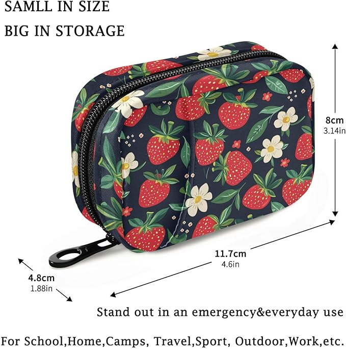 Fustylead Hand Draw Red Strawberry and Beautiful Floral Pill Organizer for Purse, Weekly Portable Pill Box with Zipper to Storage Vitamins Fish Oils Medications Supplements