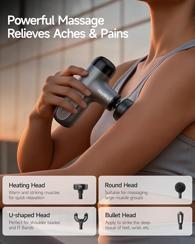 Mini Massage Gun with Heat, Deep Tissue Massage Gun, Portable Percussion Muscle Massager with 4 Massage Heads for Athletes