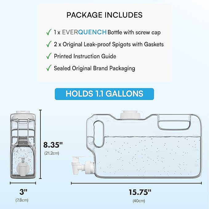 Refrigerator Water Dispenser 1.1 Gallon Bottle with 2 Spigots - BPA Free Plastic Slim Water Jug with Spout Leak Proof | Refillable Fridge Water Container, Convenient Handles (Clear)