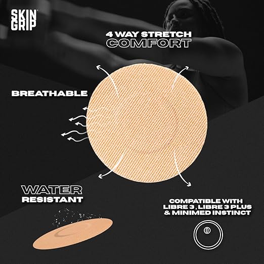 Skin Grip Freestyle Libre 3 Sensor Covers-Waterproof & Sweatproof Adhesive Patches for 10-15 Days (Not for Libre2), Pre-Cut CGM Diabetic Sensors Cover, Compatible with Instinct Sensors- 20 Pack, Tan