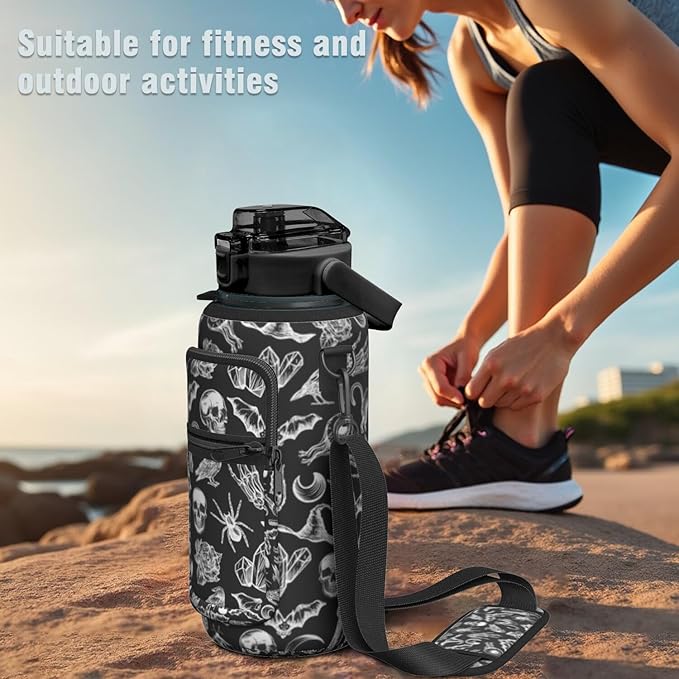 Goth Half Gallon Water Bottle with Sleeve -Flip Top Bpa Free 64 OZ - Motivational Time Marker Leakproof Water Jug - Goth Gifts for Women - Halloween Witchy Gothic for Gifts