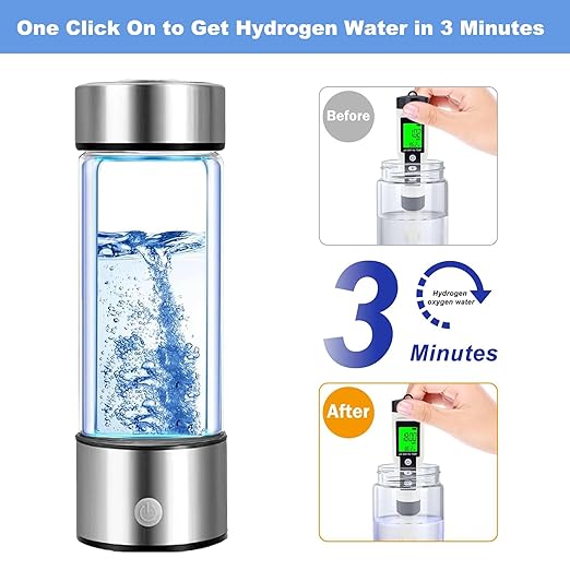 Hydrogen Water Generator Bottle, 14 Oz Portable Hydrogen Water Bottle with SPE and PEM Technology, Rechargeable Portable Glass Hydrogen Rich Water Generator Bottle Silver Color