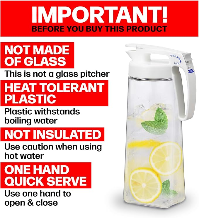 Lustroware QuickServe Airtight Pitcher - 2.1L (70oz), Heat Resistant, BPA-Free SAN Plastic, One Touch Open & Close, Space-Saving, Made in Japan - White