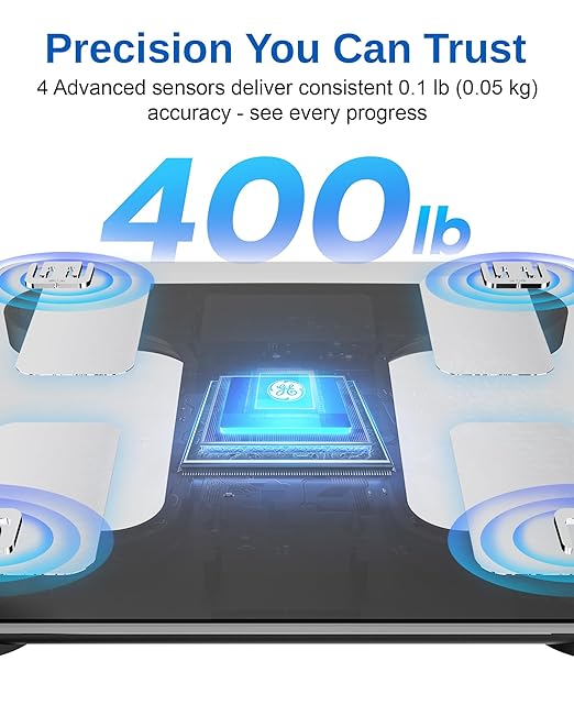 GE Smart Scale for Body Weight and Fat, Digital Bathroom Scales BMI Body Fat - Bluetooth 13 Body Composition Monitor for Muscle Mass People with App, Accurate 400lb Weighing, Rechargeable-Black