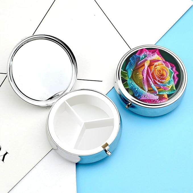Colorful Rose with Water Pill Box Travel Pill Case for Purse Pocket Weekly Medicine Organizer with Mirror 3 Compartment Round Medicine Case Portable PillcaseHolder for Daily