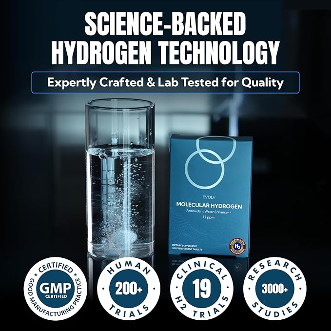 EVOLV Hydrogen Water Tablets – 12 PPM Molecular Hydrogen for Hydrogen-Rich Drinking Water - Powerful Antioxidant Support, Boost Hydration & Immunity with Elemental Magnesium & Calcium - 30 Tablets