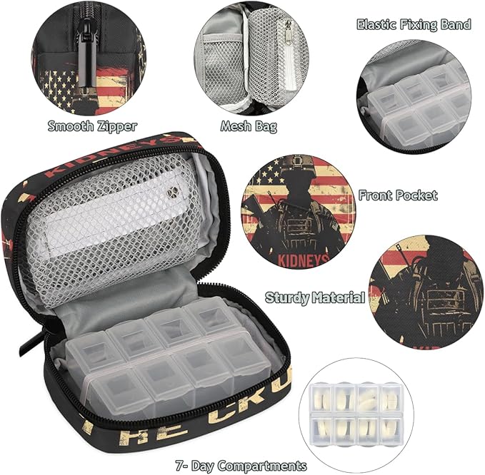 American Flag Army Travel Pill Organizer Box Weekly Portable Pill Case Daily Pills 7 Day Small Birth Control Pills Container Removable Compartments for Medicine Vitamins Fish Oil