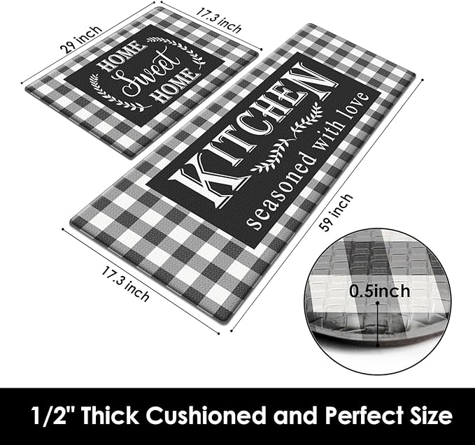 Arttown Farmhouse Anti-Fatigue Kitchen Rug Set of 2 Black White Buffalo Plaid Cushioned Floor Mat, Standing Waterproof Non-Slip Kitchen Mat PVC Ergonomic Comfort Foam Rug