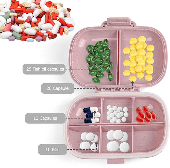 1Pack Travel Pill Organizer & 56 Medicine Name Stickers, 8 Compartments Portable Pill Case, Small Pill Box for Pocket Purse Portable Medicine Vitamin Container (Pink with Stickers)
