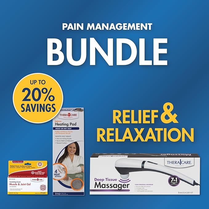 Pain Management Bundle 3-Piece | Personal Deep Tissue Massager | Muscle & Joint Pain Relief Gel | Deluxe Moist Dry Heating Pad | Therapeutic Care at Home | Whole Family Care
