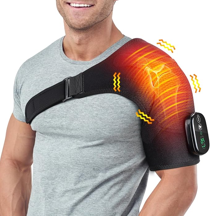 Cordless Shoulder Heating Pad, Shoulder Massager for Pain Relief Deep Tissue,Heated Shoulder Wrap & Brace with 3 Heat & Vibration Modes, Men & Women (Black)