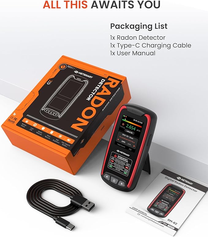 Radon Detector for Home, Portable Radon Monitor with TFT Color Display, Rechargeable Radon Tester Quick Result 6 Hour, 504 Days Data Storage with Audible & Visual Alarm (pCi/L or Bq/m³)