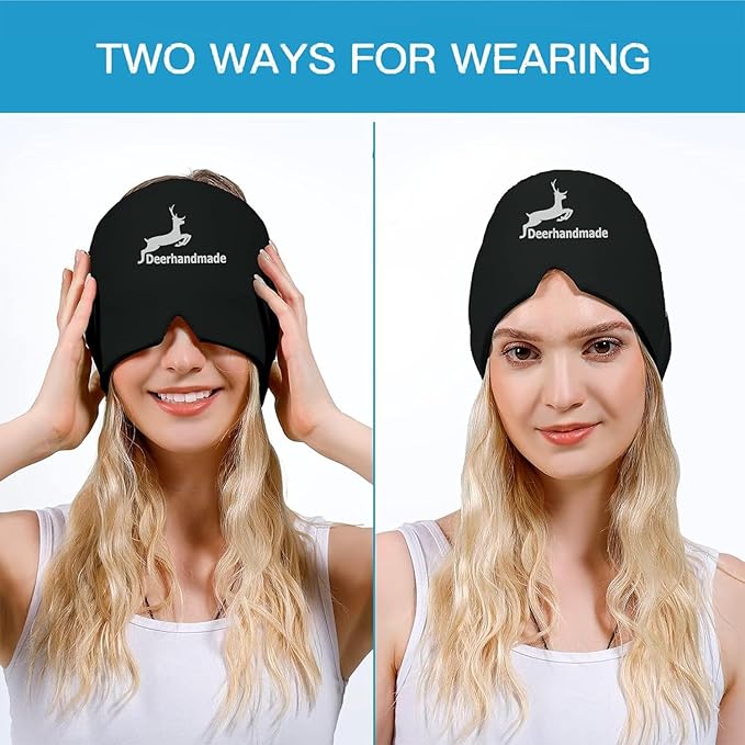 Migraine Relief Cap, One Size Fits All Hot/Cold Gel Head Wrap, Migraine Cooling Eye Mask, Strong Elastic Comfort Fit, Reusable Durable for Stress & Headache Relief, FSA|HSA Eligible, Gift Box (Black)