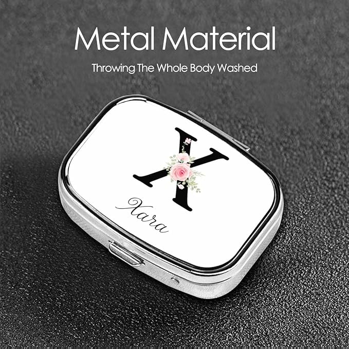 Custom Pill Box Personalized Square Small Pill Case with Mirror Add Your Photo Text Logo Name Decorative 2 Compartment Portable Metal Medicine Container Vitamin Organizer for Pocket Purse Travel (X)