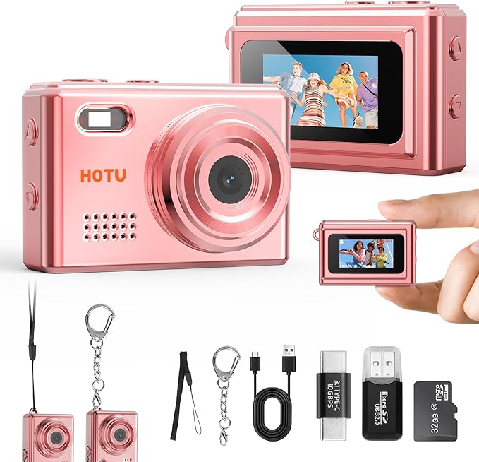 Mini Keychain Digital Camera, Y2K Pocket-Size Mini Camera, 2MP 1080P Small Camera with 32GB Card, Video Recorder with Long Battery Life for Travel, Party and Vlog (Rose Gold)
