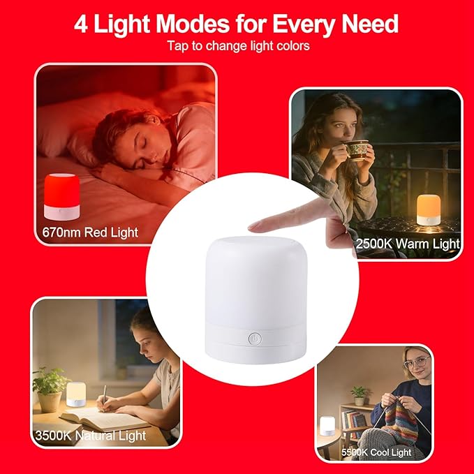 670nm Red Light Night Light Lamp for Sleep - Zero Blue Light, 4 Color Modes Rechargeable Portable & Hangable Design, Dimmable and Auto-Off Timer for Bedroom Nursery Camping
