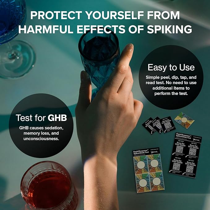 Rapid Response Spiked Drink Test - GHB Detection Card for Beverages. Easy to use, Safe, Avoid Drink Spiking. Drug Testing kit for Bars, Clubs, Parties, Compliant with California Law (2 Pack)