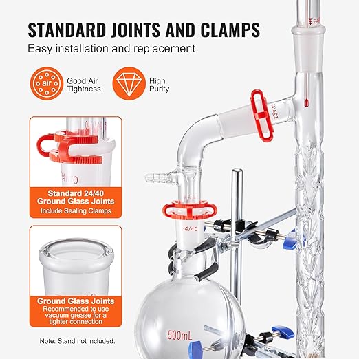 VEVOR Laboratory Distillation Set, 3.3 Borosilicate Glass Equipment with 24/40 Joint, 1000ml Capacity for Essential Oil Extraction, 14-Piece Glassware Kit