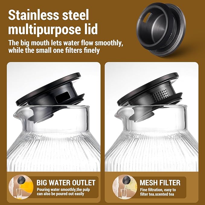1 Gallon Square Glass Pitcher with Lid, Classic Stripes Water Pitchers for Fridge, Borosilicate Glass Carafe for Hot/Cold Brew Drink, Extra Large Jug with Handle for Iced Tea, Coffee, Juice, Black