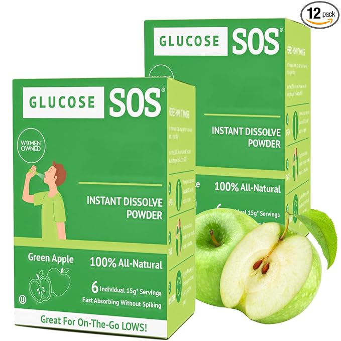 Glucose SOS Glucose Powder Packets with Natural Dextrose, Fast-Absorption That Instantly Dissolves in Your Mouth with No Water Needed, Green Apple 12 Servings