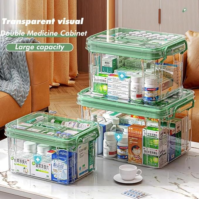 Medicine Storage Box, Pill Bottle Organizer, Transparent Med Organizer, Double Compartment, Large Capacity