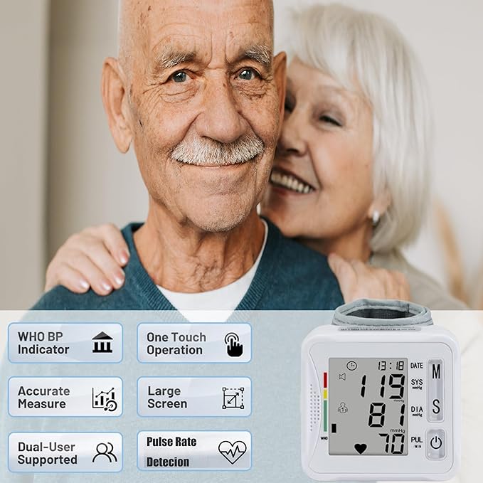 TOPBOMED Electronic Blood Pressure Monitor,Wrist Blood Pressure Monitor 2x99 Reading Memory for Adults Wrist BP Monitor with Carrying Case for Home Use
