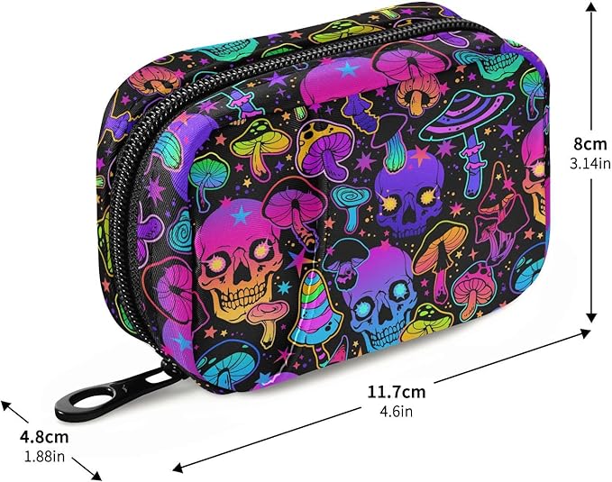 Pill Box Colorful Skull Mushroom 7 Day Pill Case Travel Pill Organizer Bag with Zipper Portable Weekly Vitamin Medicine Supplement Holder Pouch Bag