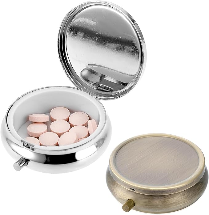 2Pcs Pill Box Small Pill Case for Purse or Pocket, Portable Cute Pill Container Metal Pill Box Decorative Medicine, Vitamin, Fish Oil and Supplements Holder Organizer