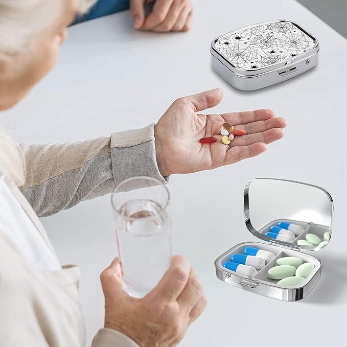 Pill Box-2 Compartment Small Pill Case Square Organizer Case with Mirror Portable Metal Medicine Box Travel Container for Pocket & Purse Women Men(Spider Web)