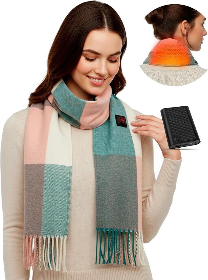 Genovega Heated Scarf Shawl for Women Men 6000mAh Rechargeable Portable Powered Electric Heating Neck Warmer Wraps Outdoor Travel Workout Essentials Accessories Winter Must Haves Pink Plaid
