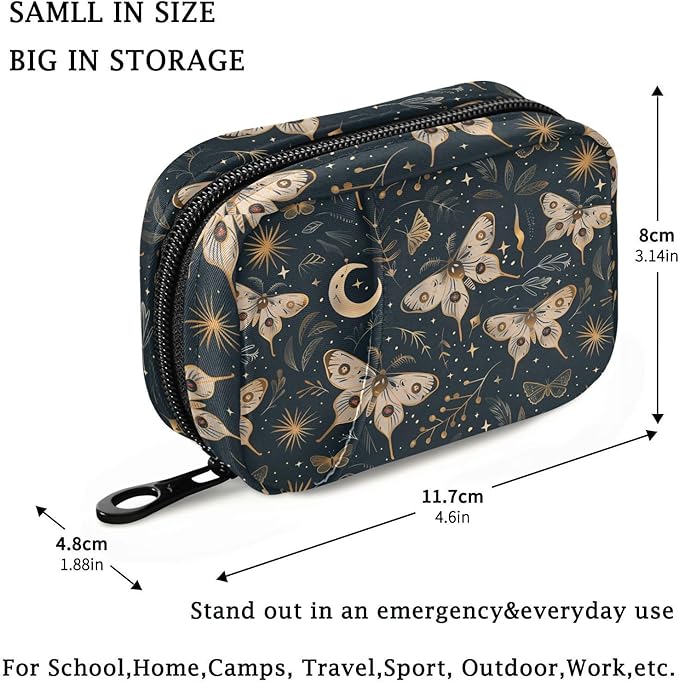 Fustylead Pill Organizer Travel Bag, Small Portable Pill Case Cute for Vitamin Fish Oil Supplements Medicine Organizer with Zipper (Green01 Moth Moon and Stars)