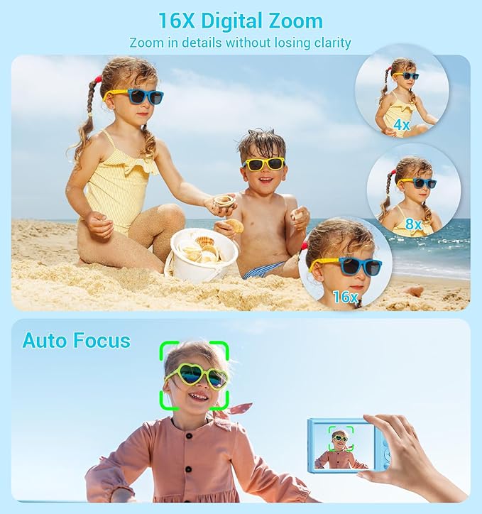 Digital Camera 4K, Autofocus Digital Compact Digital Camera,16X Digital Zoom Upgraded Travel Camera with 64GB SD Card,2 Batteries,Small Camera for Teens Kids Boys Girls,Blue