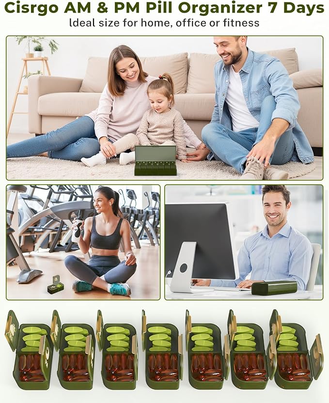 Weekly Pill Organizer 2 Times a Day, 7 Day AM/PM Pill Box, Portable Medication Dispenser with Child-Resistant Latch, BPA-Free, Travel, Office, Pets, Emergency Use (Green)