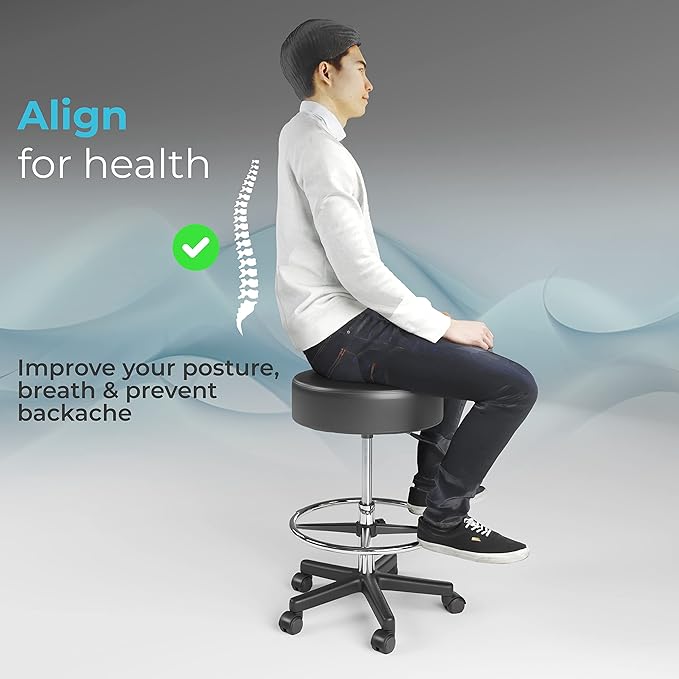 Luxton Ergonomic Rolling Stool -Double Padding and Memory Foam Adjustable Medical Spa Stool, Desk Stool Chair with Swivel Rolling Chair, Black with Wheels, Easy Set up