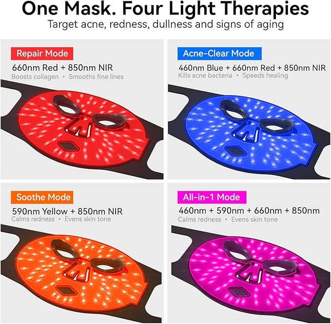 Red Light Therapy for Face – 4 Wavelengths Red Light Mask(660nm Red, 850nm NIR, Blue, Yellow), 84 LEDs, Wireless 2000mAh Charging, Multiple Light Modes – Anti-Aging & Brightening(Black)