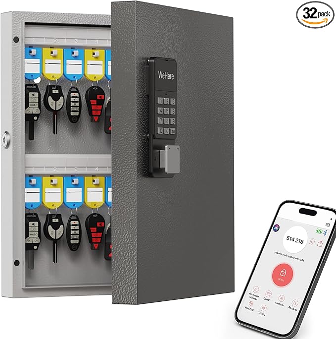 32 Key Lock Box Wall Mount, Smart Key Cabinet One Time Password/APP Bluetooth/Fixed/Wi-Fi Remote/Key Unlock, Key Management for Valets/Realtors/Office/Hotel